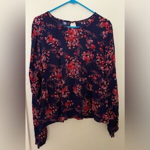 Womens Route 66 Blue Floral Blouse Size XL Sleeve Large Neck Round With Button